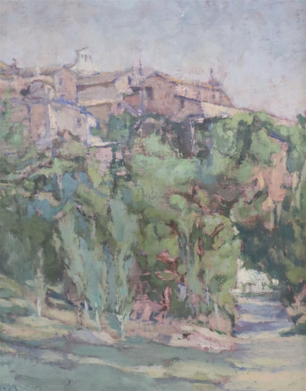 Diana Armfield (1920-), oil on board, Orvieto from below, initialled and inscribed verso, 20 x 16cm